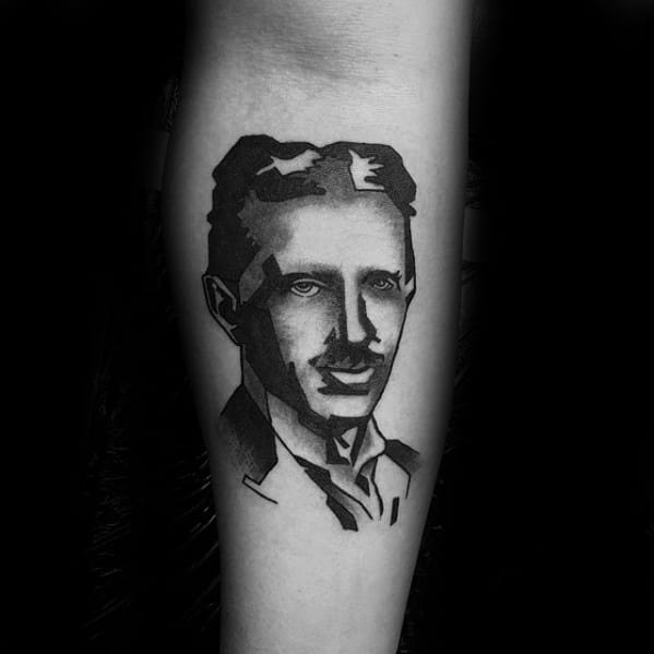 Minimalist blackwork tattoo of Nikola Tesla with sharp-edged shadows and bold contrast creating a striking stencil-style look.