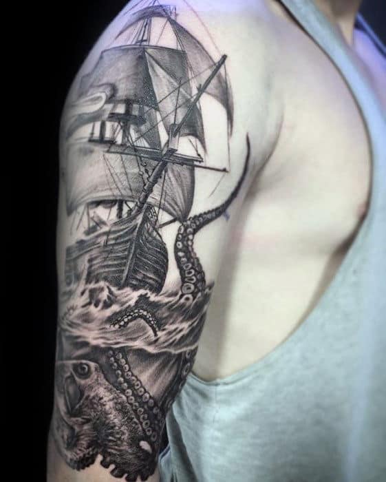 Manly Octopus Sailing Ship Guys Arm Tattoos