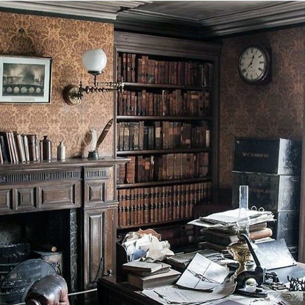 Cozy vintage study with bookshelves, a cluttered desk, fireplace, and clock on a patterned wallpapered wall