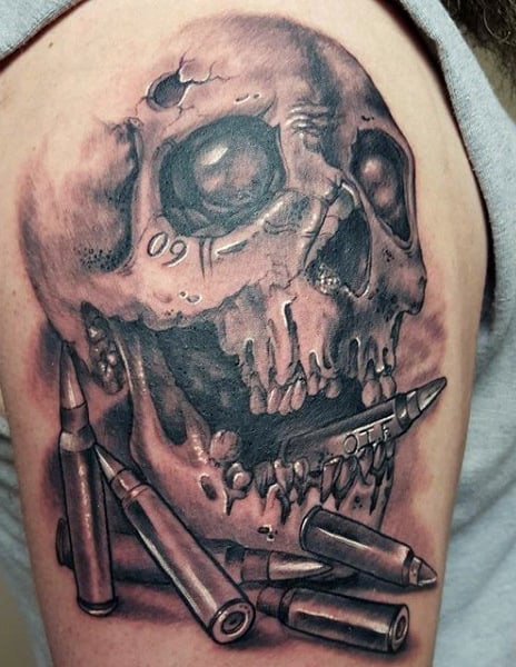 Manly Old Military Tattoos Of Skull And Bullets