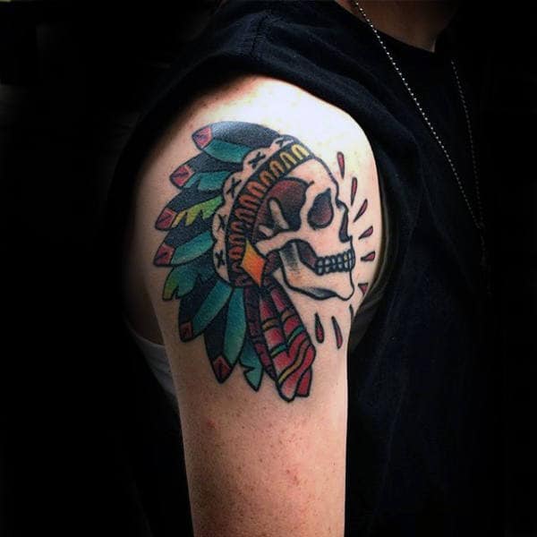 Manly Old School Guys Indian Skull Upper Arm Tattoo