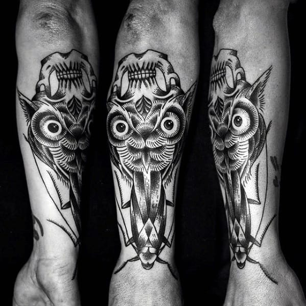Manly Optical Illusion Owl Skull Guys Forearm Tattoo