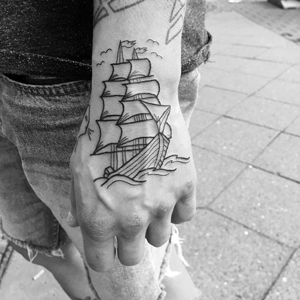 Manly Outline Sailing Ship Hand Tattoo Design Ideas For Men