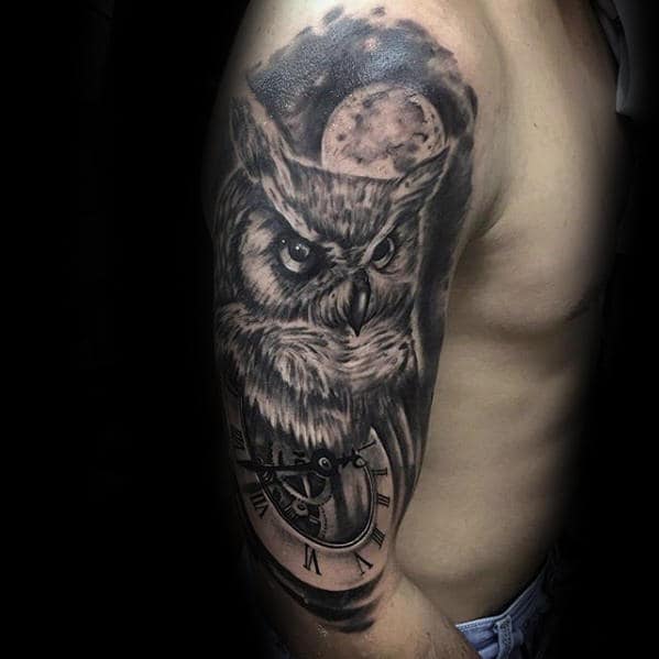 Manly Owl Moon With Pockt Watch Half Sleeve Shaded Tattoos