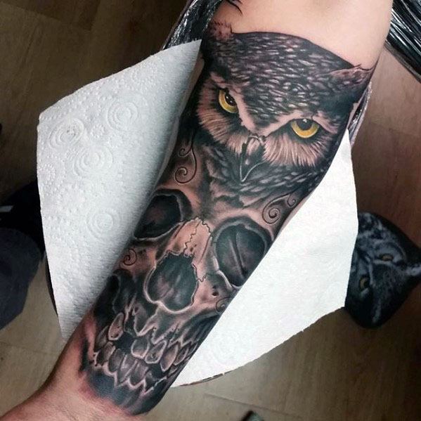 Manly Owl Skull Forearm Tattoo Design Ideas For Men