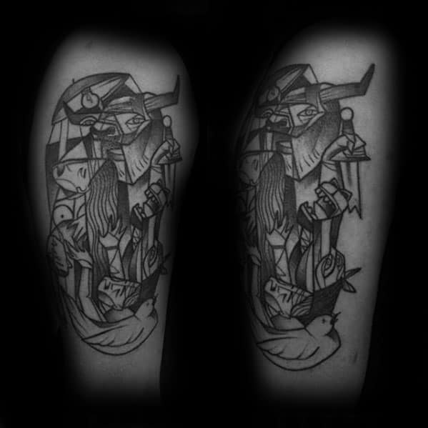 Blackwork tattoo inspired by Picasso’s *Guernica*, featuring the bull, distorted faces, raised hand, and dove symbolizing peace amid chaos.