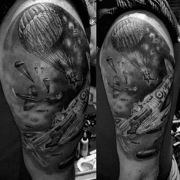 Manly Parachute Half Sleeve Military Themed Tattoo Design Ideas For Men