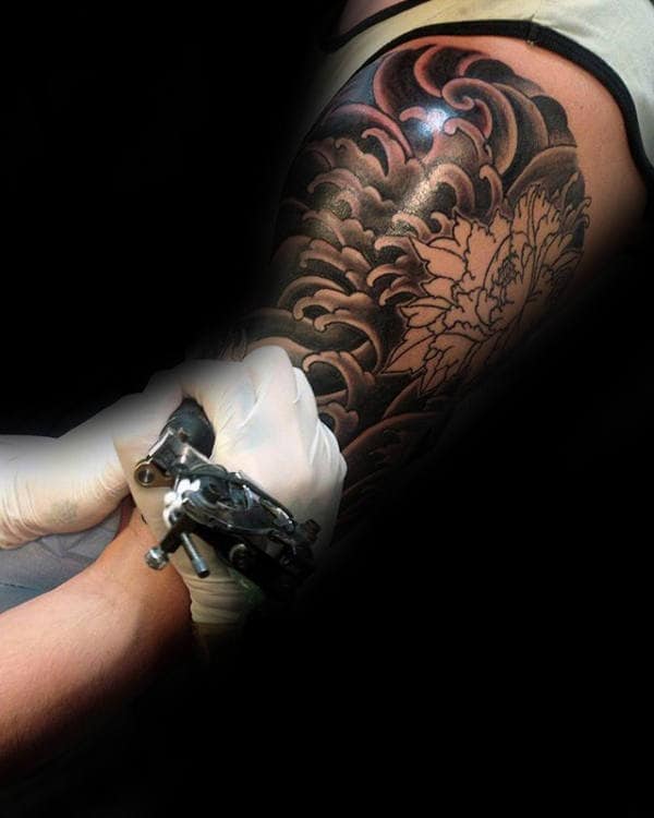 Manly Peony Waves Half Sleeve Tattoo Ideas