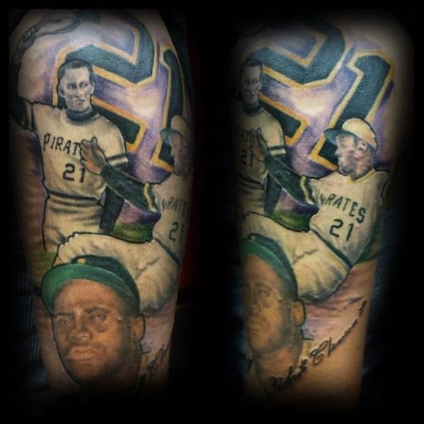 Detailed tribute tattoo of Pittsburgh Pirates legend Roberto Clemente, featuring his jersey number 21 and dynamic action scenes.