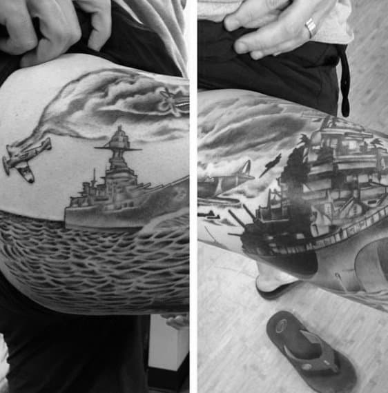 Manly Plane Crashing Into Sea With Navy Ship Mens Arm Tattoo Designs