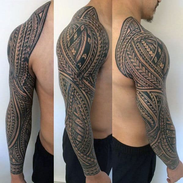 Manly Polynesian Male Tribal Sleeve Tattoos