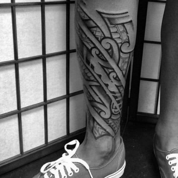 Manly Polynesian Tribal Leg Tattoos For Men
