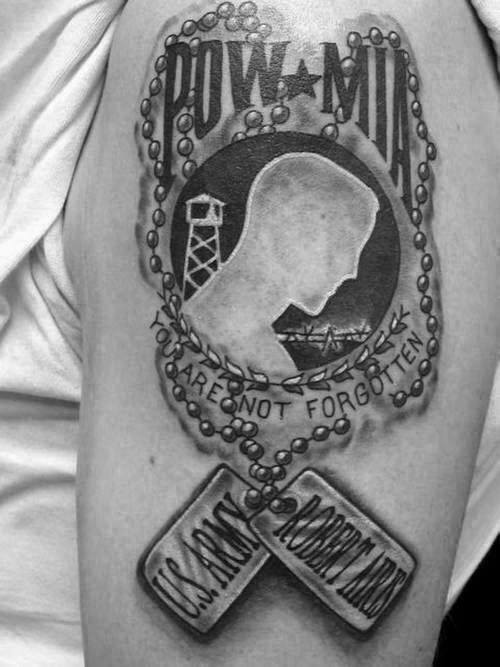 Manly Pow Mia Ribbon Arm Tattoo Design Ideas For Men