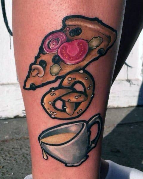 Colorful tattoo featuring a pizza slice, a salted pretzel, and a cup of dipping sauce, designed with bold outlines and vibrant shading.