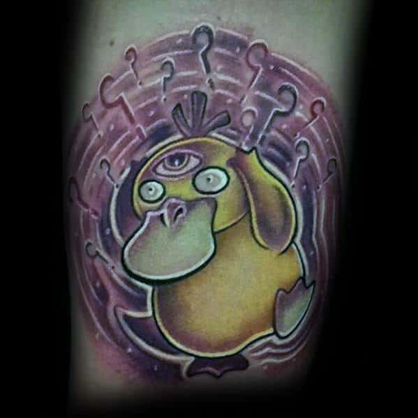 Trippy Psyduck tattoo with a third eye and swirling question marks, creating a psychedelic effect on a man's arm.