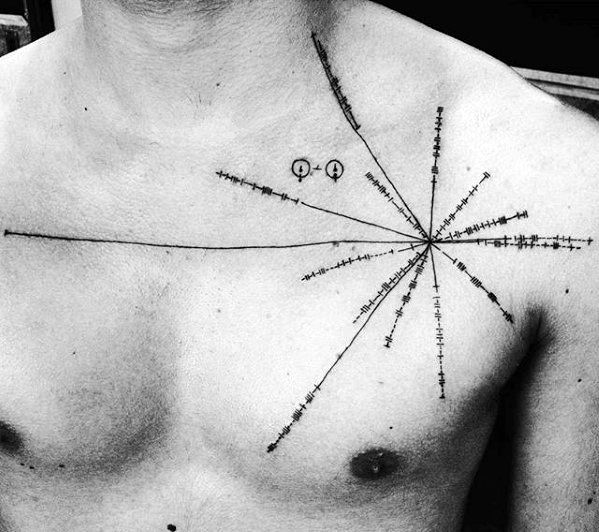 Detailed chest tattoo of a pulsar map, showcasing binary markings and coordinates extending from a central point.





