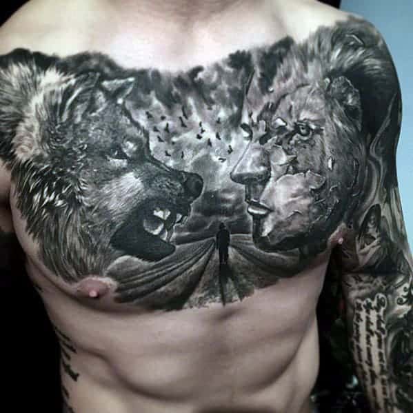 Chest tattoo of a wolf and a lion facing a person, surrounded by birds and nature