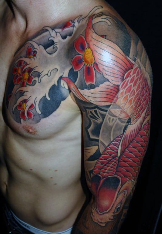Manly Red And Blue Koi Fish Men's Tattoo