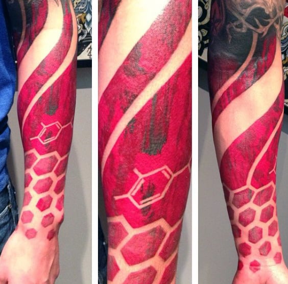 Manly Red Ink Honeycomb Forearm Sleeve Tattoos For Males