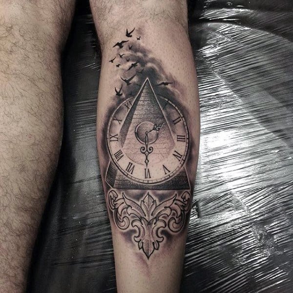 Manly Roman Numeral Clock With Pyramid Mens Leg Calf Tattoo