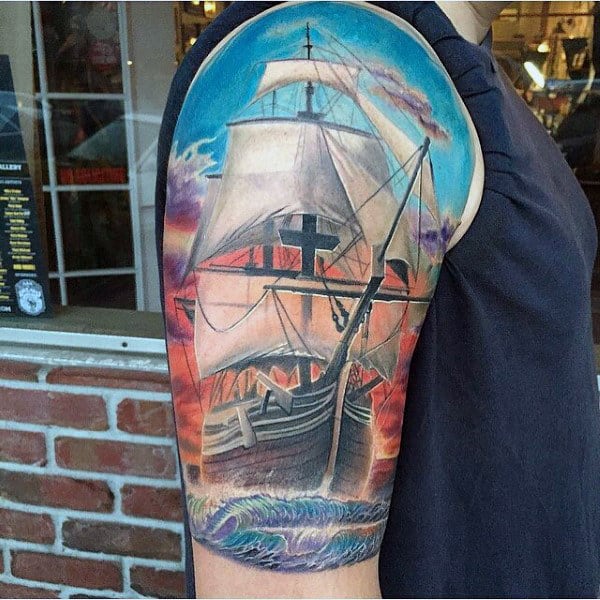 Manly Sailing Ship Modern Half Sleeve Tattoo Designs For Guys