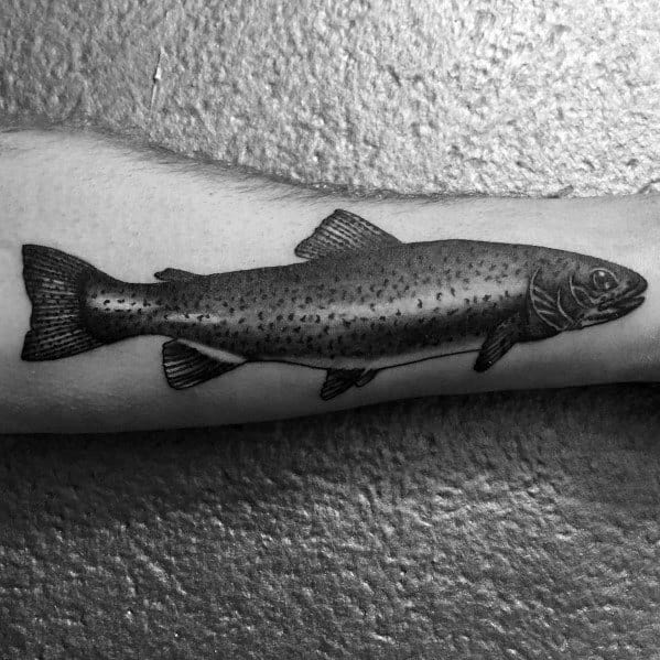 Detailed black and grey realistic salmon tattoo on the forearm, featuring fine shading and dotwork for a natural and lifelike appearance.