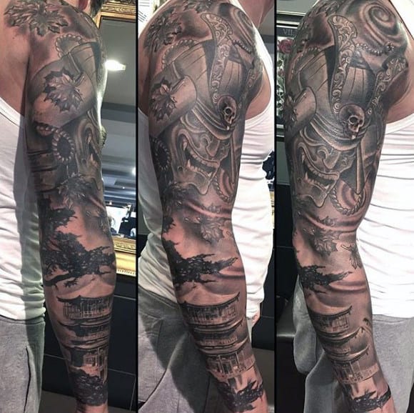 Manly Samurai Mask And Japanese Castle Full Sleeve Black Work Tattoo For Guys