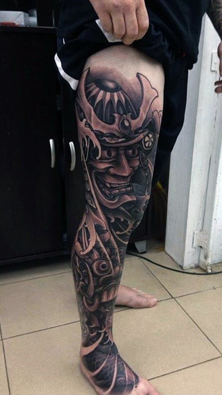 Manly Samurai Warrior Tattoo Designs Full Leg Sleeve