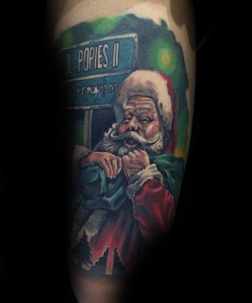 Realistic Santa Claus tattoo with rich colors and fine details, featuring him playfully adjusting his coat against a festive background with a street sign.