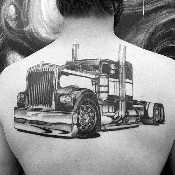 Manly Semi Truck Mens Back Tattoos