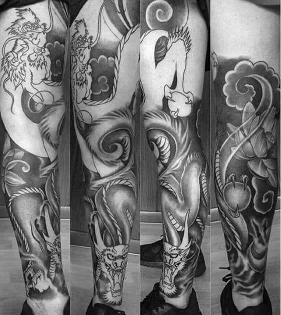 Manly Shaded Black And Grey Ink Male Dragon Leg Tattoos