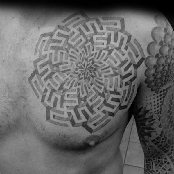 Manly Shaded Upper Chest 3d Maze Tattoo Design Ideas For Men