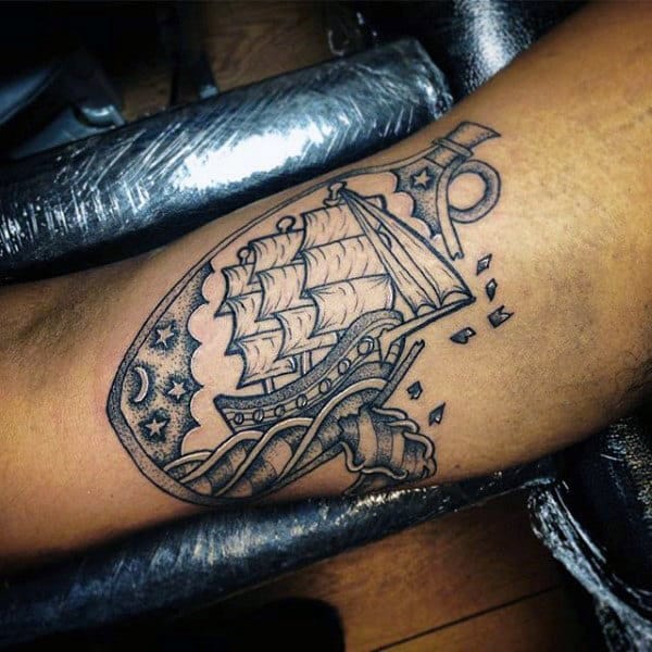 Manly Ship In A Bottle Arm Tattoo With Dotwork Design