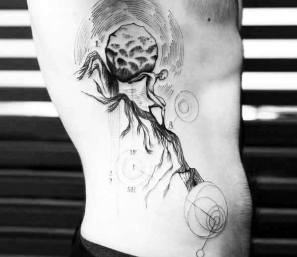 Geometric Sisyphus tattoo on the ribcage, showing a stylized figure pushing a boulder uphill with abstract lines and symbols.