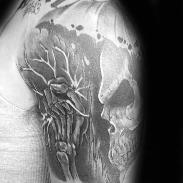 Manly Skeleton Grabbing Electrical Shock Lineman Guys Half Sleeve Shaded Tattoos