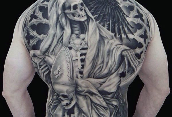 Manly Skeleton Head Tattoo On Back