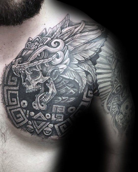 Manly Skull With Aztec Tribal Design Guys Chest Cover Up Tattoo