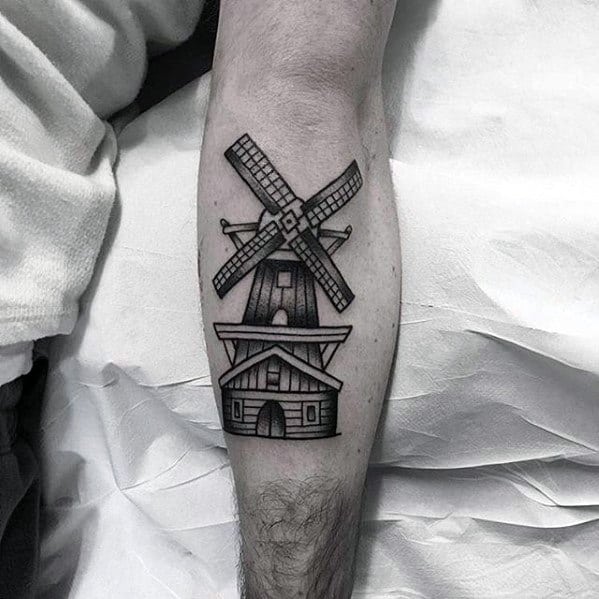 Manly Small Windmill Mens Leg Calf Tattoo