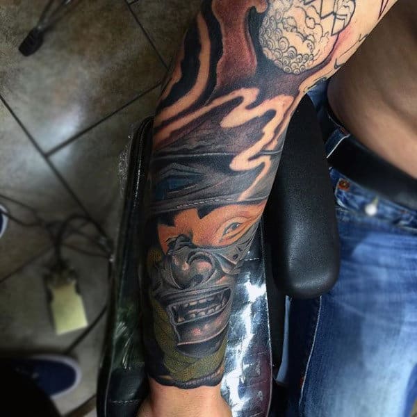 Manly Smiling Samurai Mask Half Sleeve Tattoo For Men