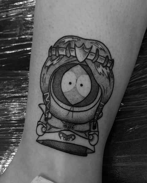 Black and white tattoo of Kenny as the Princess from South Park, featuring fine dotwork shading and detailed medieval-style armor.