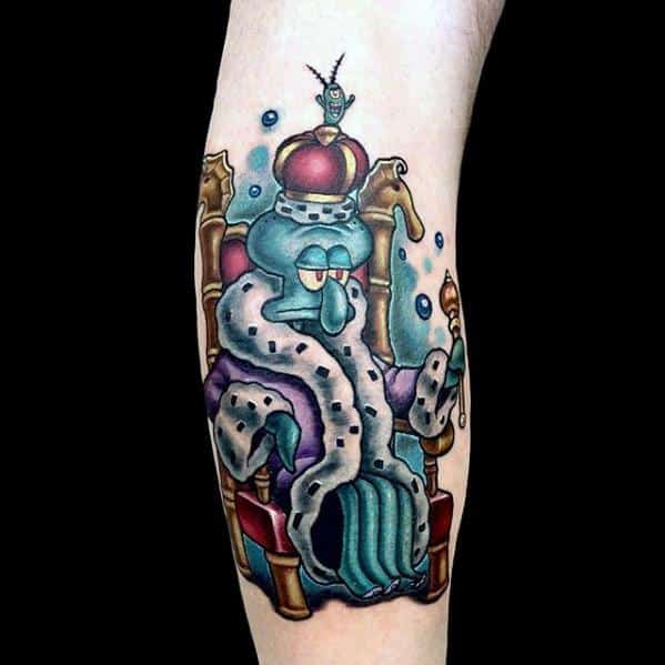 Majestic tattoo of Squidward as a bored king on a throne, wearing royal robes and a crown with Plankton perched on top.
