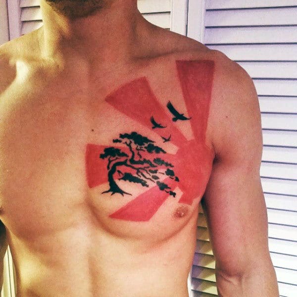 Manly Sun Tattoo Designs For Men On Chest In Red Ink