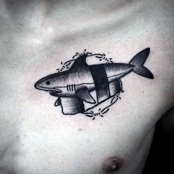 Manly Sushi Shark Themed Upper Chest Tattoo Design Ideas For Men