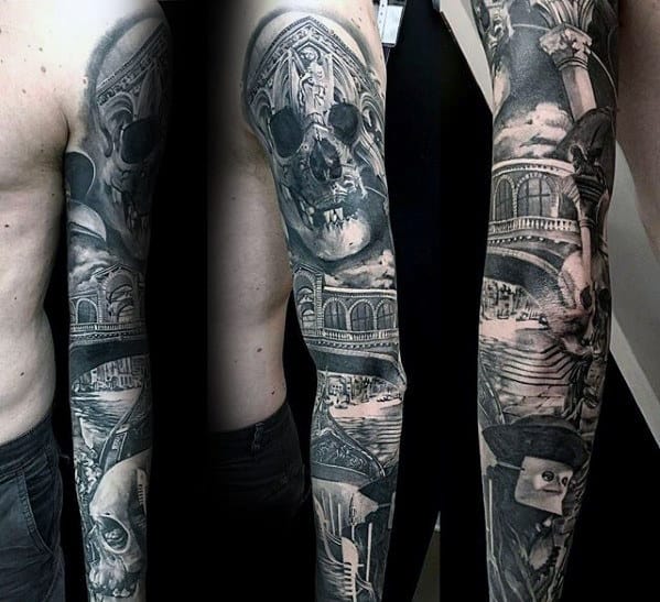 Manly Sweet Mens Shaded Black And Grey Ink Realistic Full Arm Sleeve Tattoo