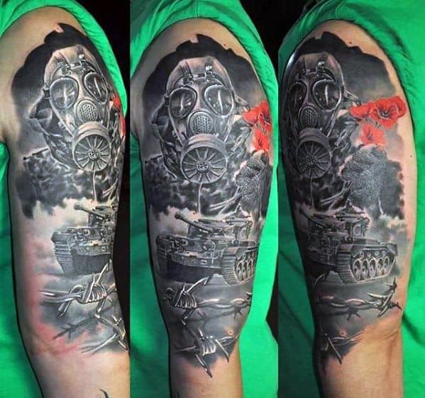 Dark war-themed sleeve tattoo featuring a gas mask, tank, barbed wire, and red poppies, blending realism with symbolic elements.