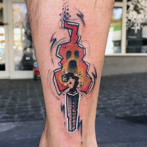 Manly Tattoo Of Bursting Dynamite Flame Tattoo Guys Legs