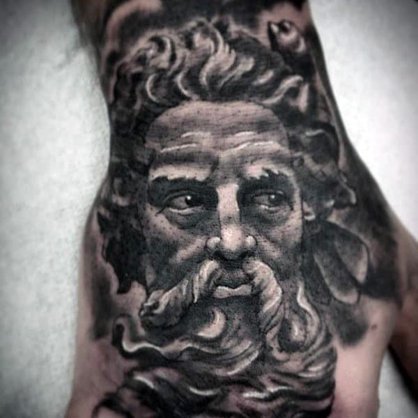 Manly Tattoo Of Greyish Bearded Man Tattoo Male Hands