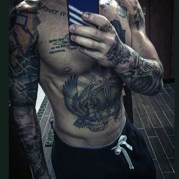 Manly Tattoo Of Regal Crowned Wings Mens Torso Full Sleeves