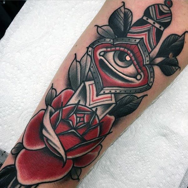 Manly Tattoo On Mens Forearm Roses And Eye