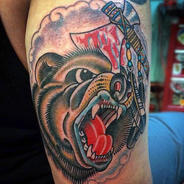 Manly Tomahawk With Bear Roaring Tattoo On Mans Arm
